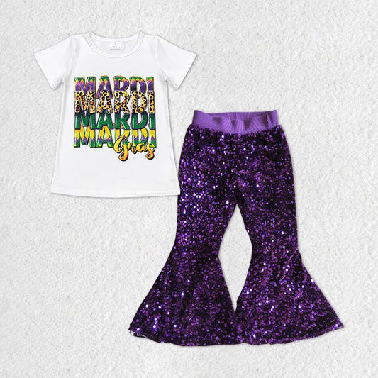 GSPO1326 Baby Girl Short Sleeves Mardi Gras Shirt Purple Sequins Pants Set