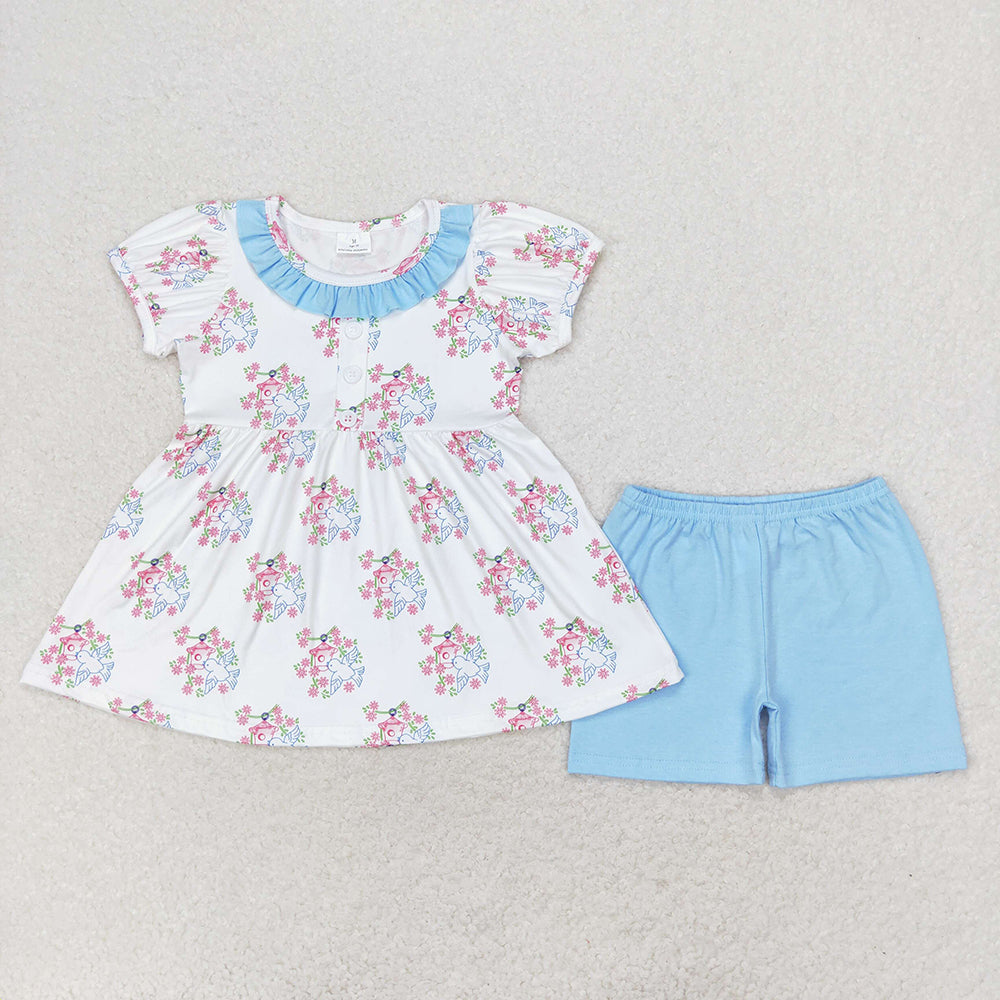 Baby Girl Short Sleeves Birds Floral Tops Blue Shorts Set