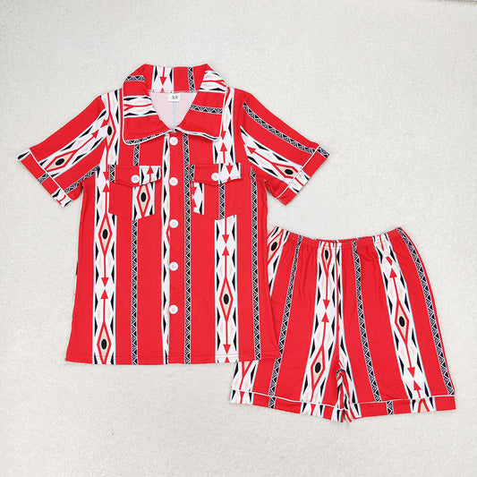 Adult Women Short Sleeves Aztec Buttons Shirt Shorts Pajamas Red Set