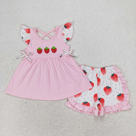 Baby Girl Short Sleeves Embroidery Tops Strawberry Shorts Pink Set