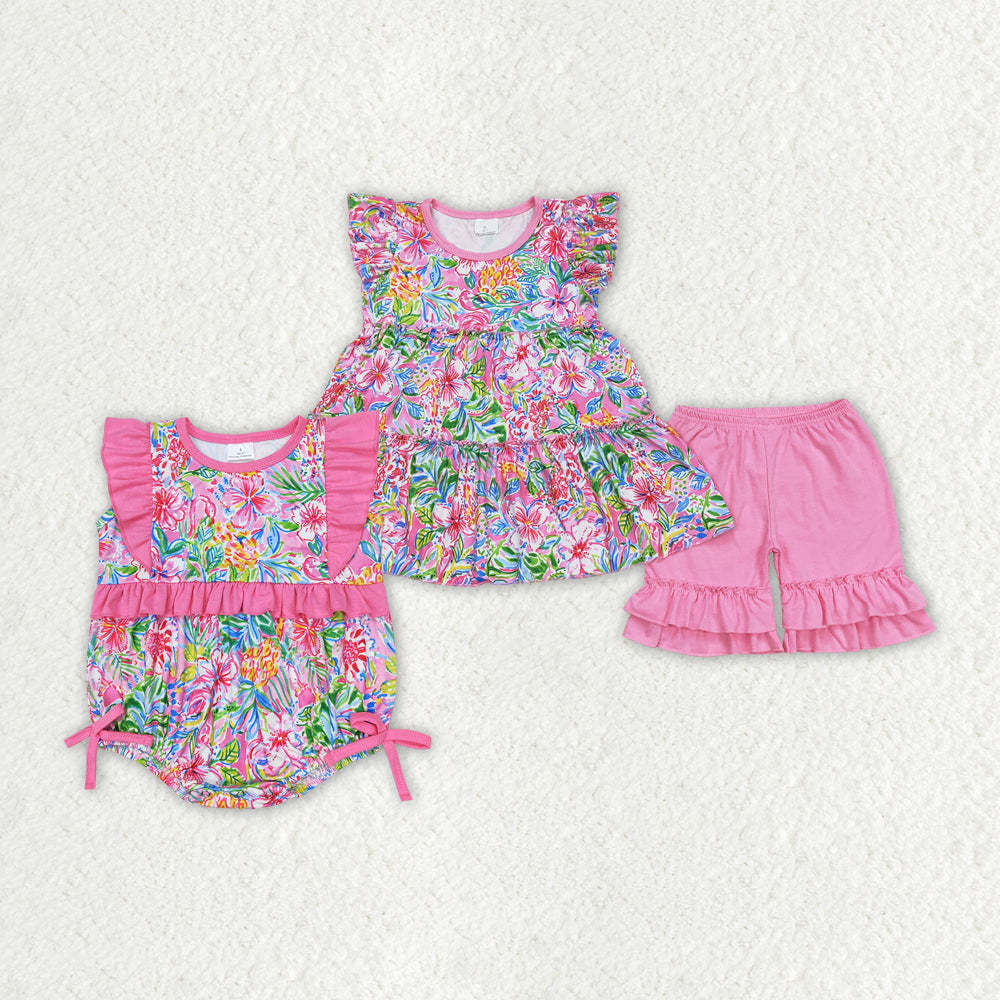 Baby Girl Flower Sibling Pink Romper Summer Set