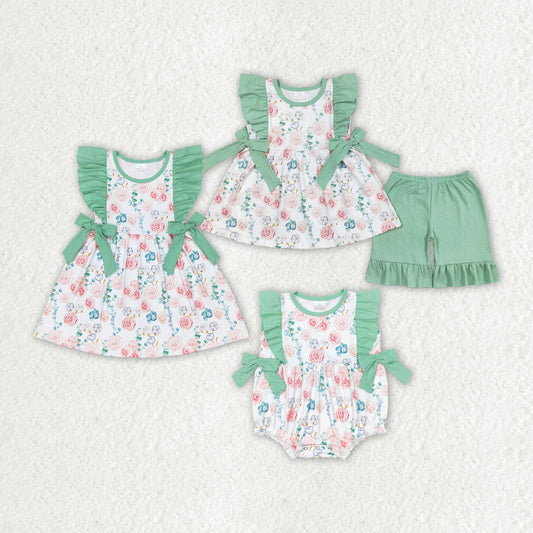 Baby Girl Flower Sibling Summer Green Romper Dresses Set