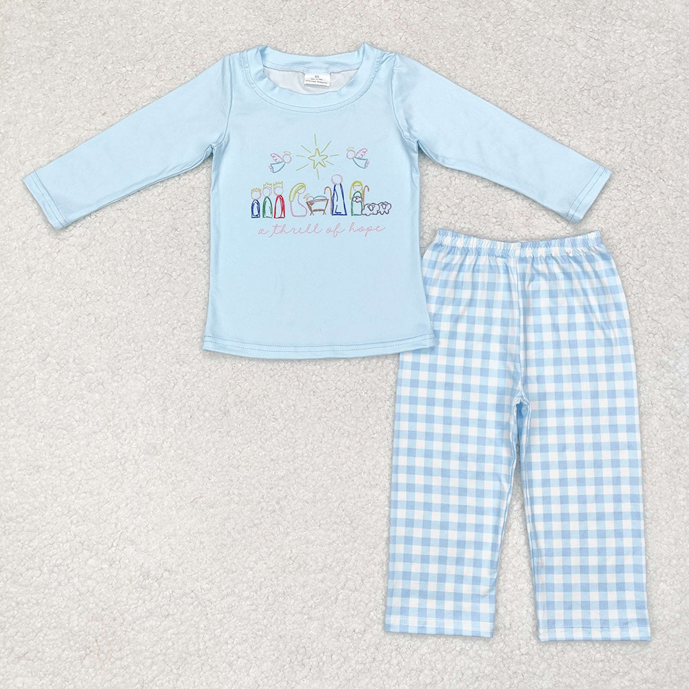 Baby Boy Long Sleeves Christmas Nativity Shirt Blue Plaid Pants Set