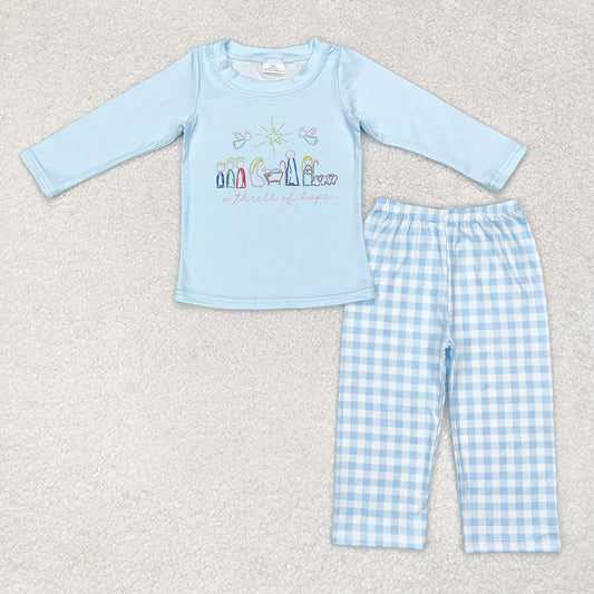 Baby Boy Long Sleeves Christmas Nativity Shirt Blue Plaid Pants Set