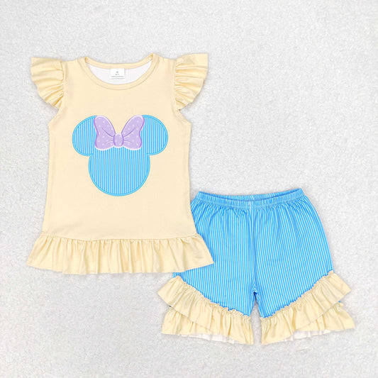 Baby Girl Short Sleeves Mouse Shirt Blue Stripes Shorts Set