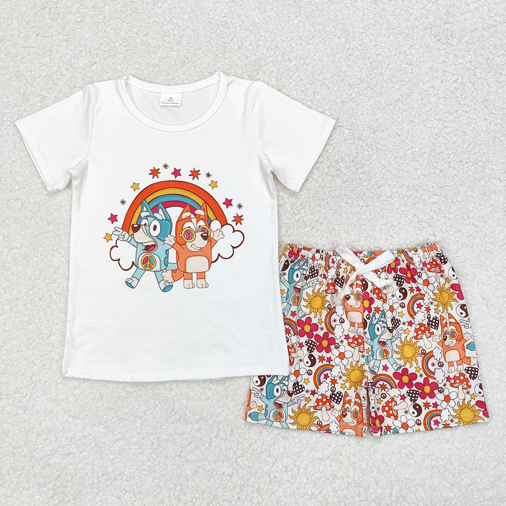 Baby Girl Dog Peace Rainbow Shirts Shorts Summer Set