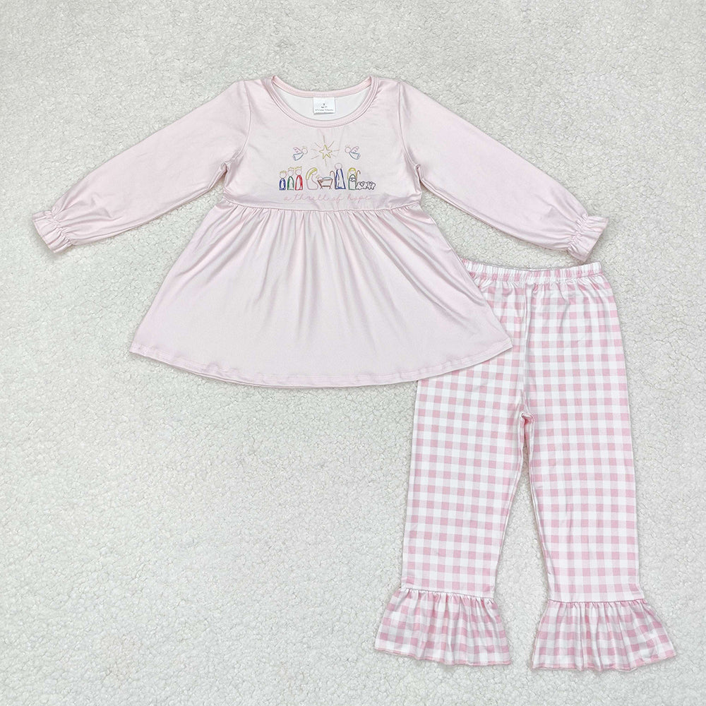 Baby Girl Long Sleeves Christmas Nativity Tunic Pink Plaid Pants Set