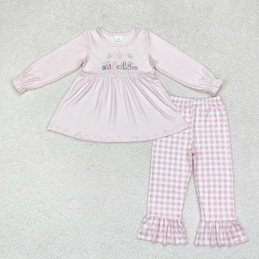 Baby Girl Long Sleeves Christmas Nativity Tunic Pink Plaid Pants Set