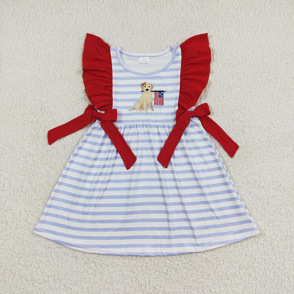 Baby Girl Embroidery Dog Flag Stripes July 4th Dress