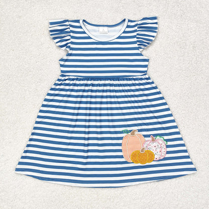 Baby Boy Girl Blue Stripes Embroidery Flower Pumpkin Sibling Shirt Dress