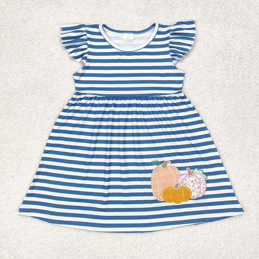 Baby Girl Short Sleeves Blue Stripes Embroidery Pumpkin Dress