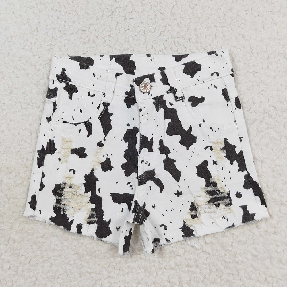 Baby Girl Black White Cow Print Western Denim Shorts