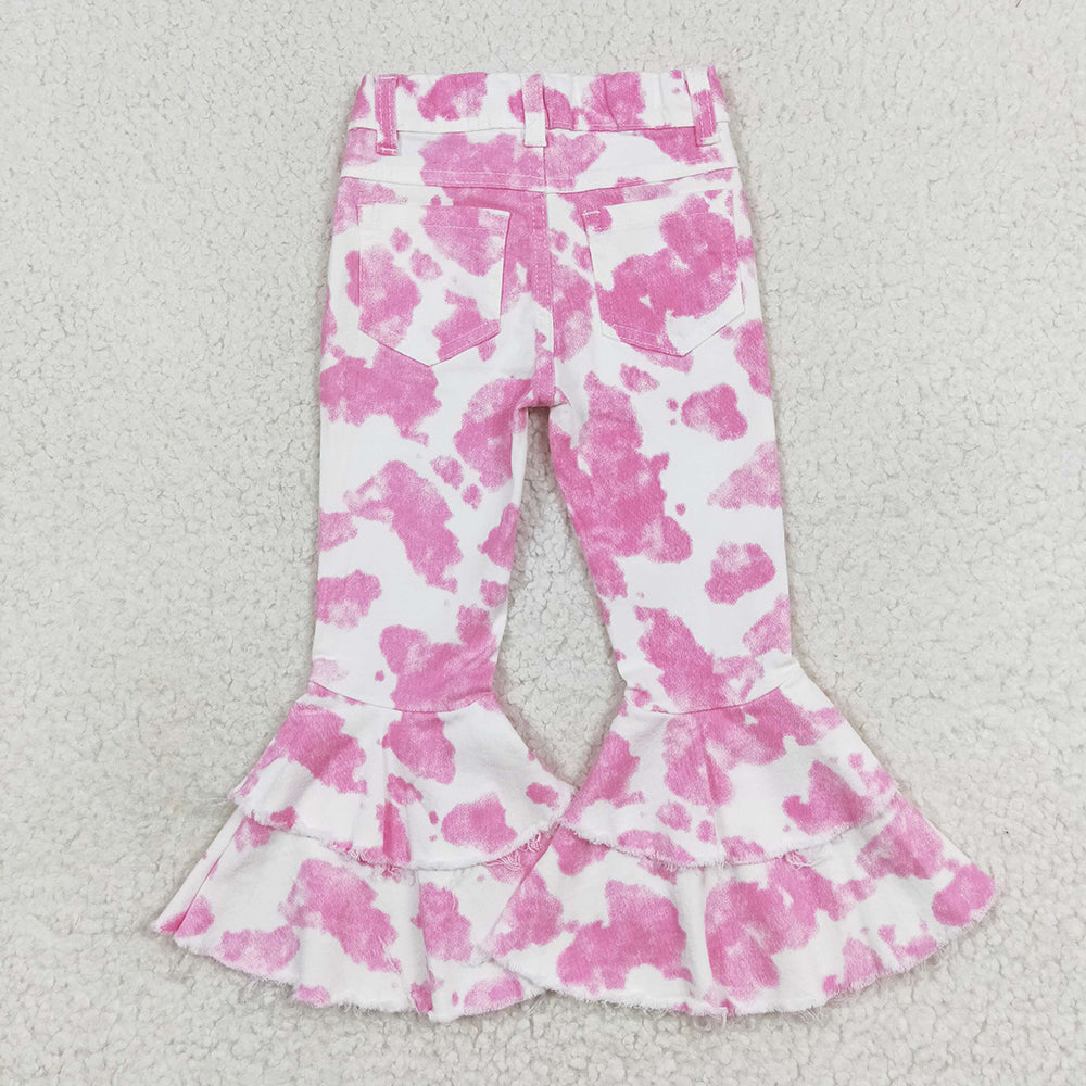 Baby Girl Western Pink Cow Double Ruffle Bell Flare Denim Pants