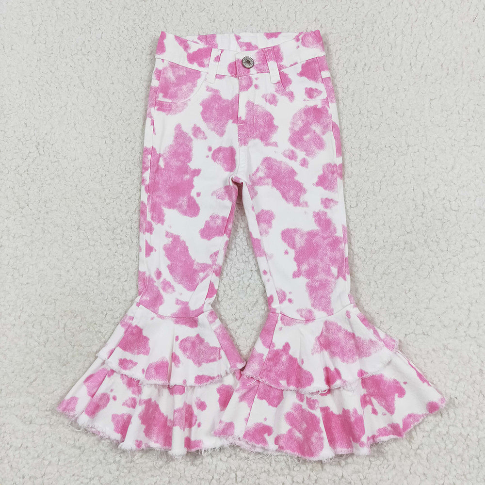 Baby Girl Western Pink Cow Double Ruffle Bell Flare Denim Pants