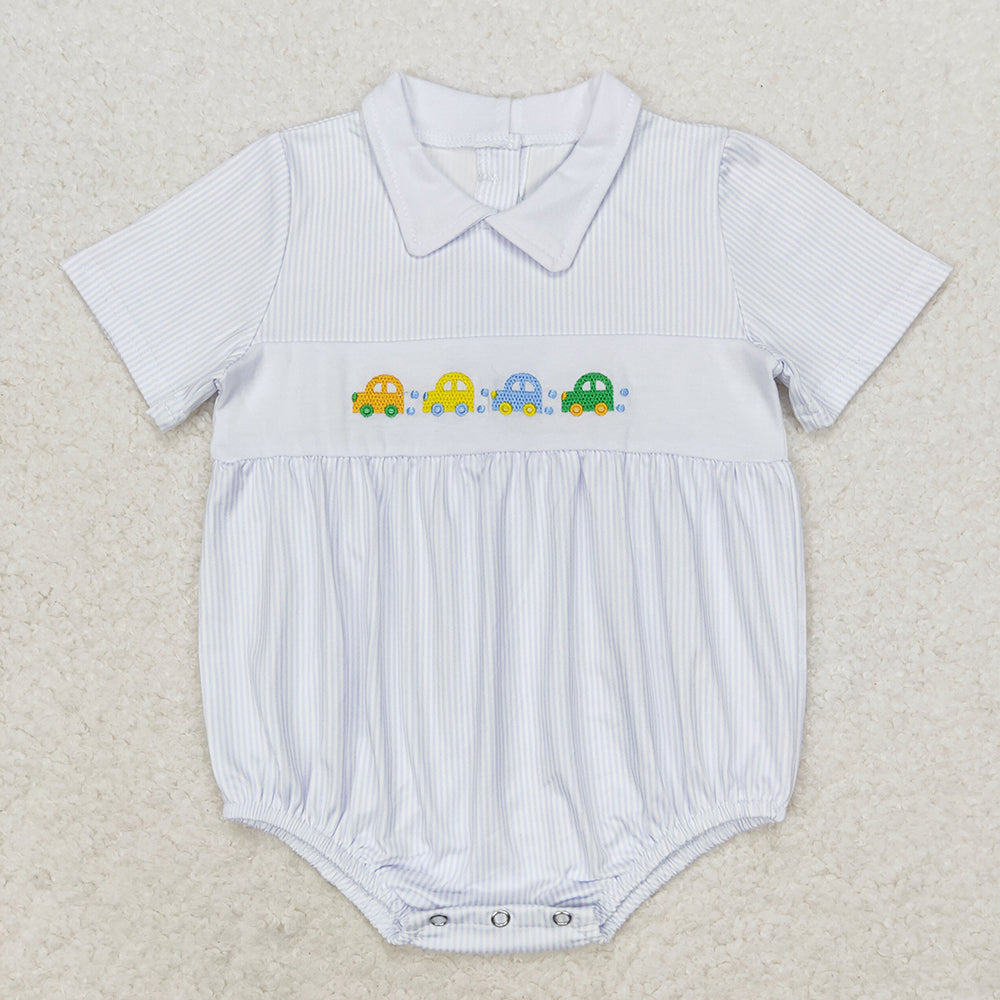 Baby Boy Short Sleeves Embroidery Cars Stripes Summer One Piece Romper