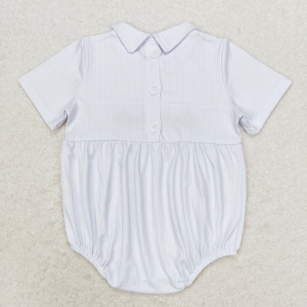 Baby Boy Short Sleeves Embroidery Cars Stripes Summer One Piece Romper