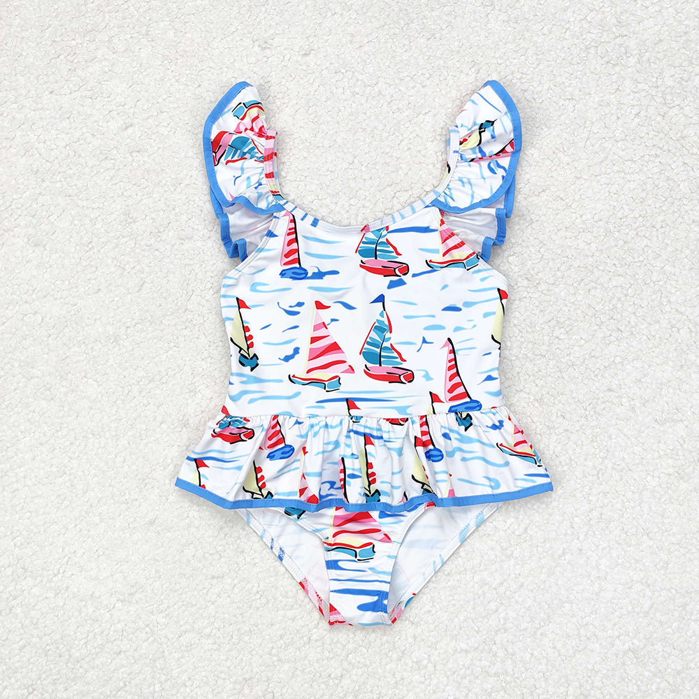 Baby Girl Blue Boats Bow Bummie Bows One Piece Swimsuit