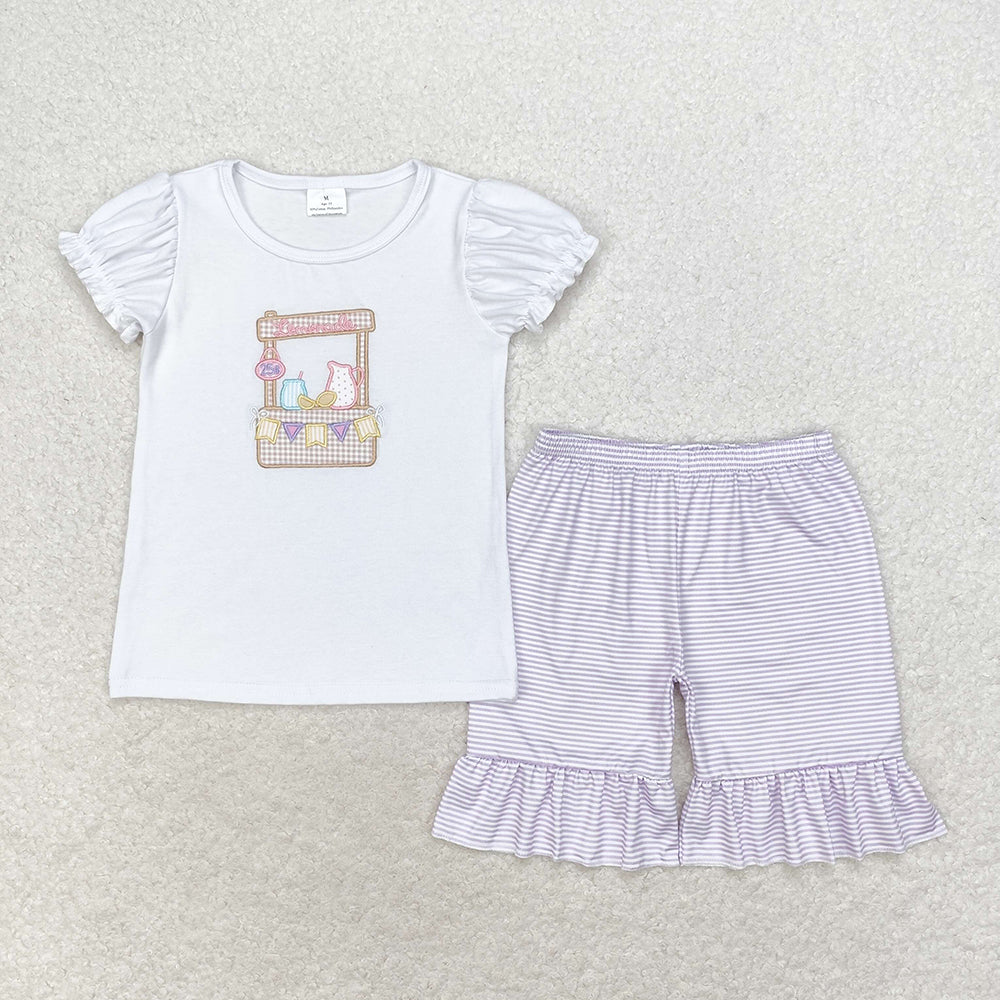 Baby Girl Embroidery Lemon Shirt Purple Stripes Shorts Set