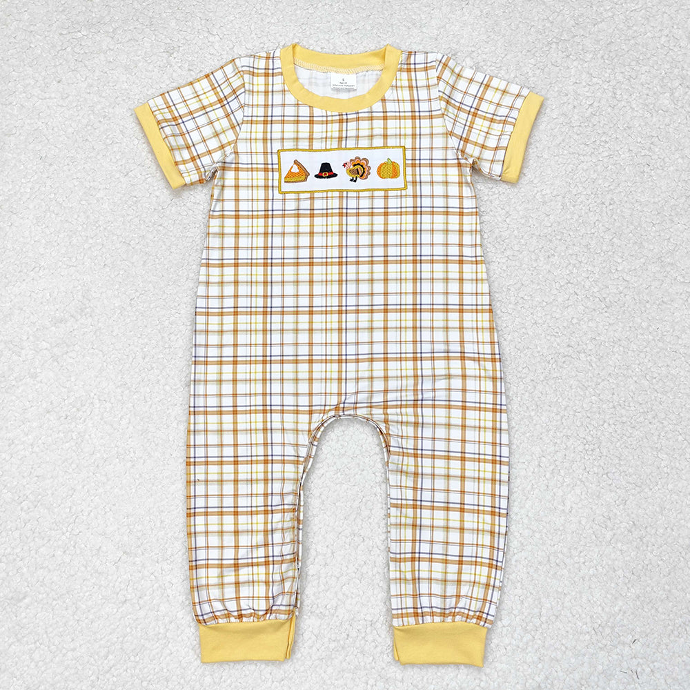 Baby Boy Short Sleeves Embroidery turkey Pumpkin Pie Plaid Thanksgiving Romper