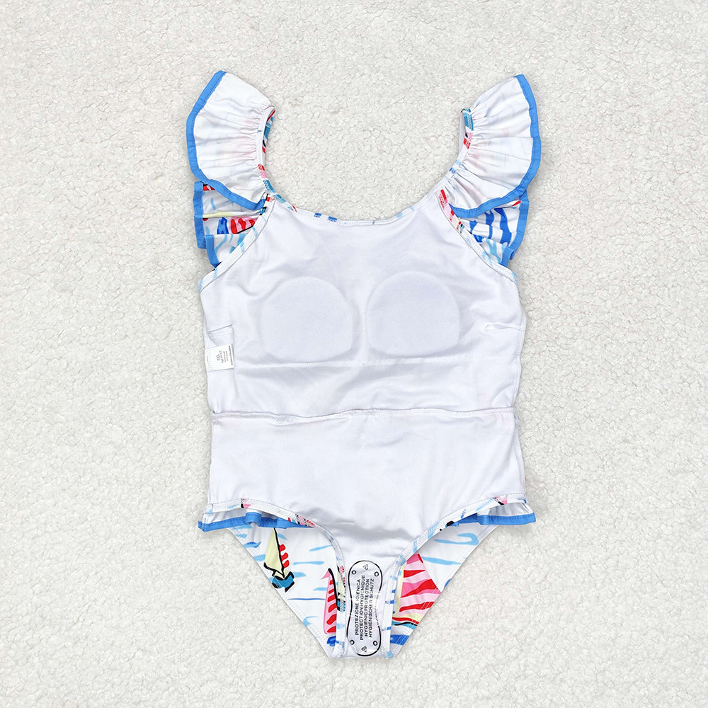 Baby Girl Blue Boats Bow Bummie Bows One Piece Swimsuit