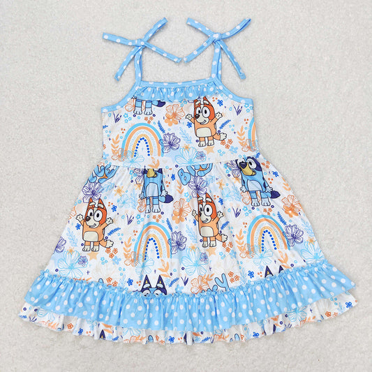 Baby Girl Summer Sleeveless Dogs Rainbow Flower Blue Dress