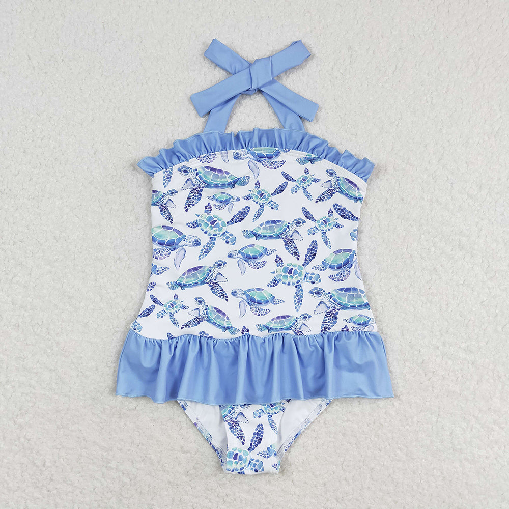 Baby Boy Girl Sibling Turtles Blue Summer Romper Dress Set