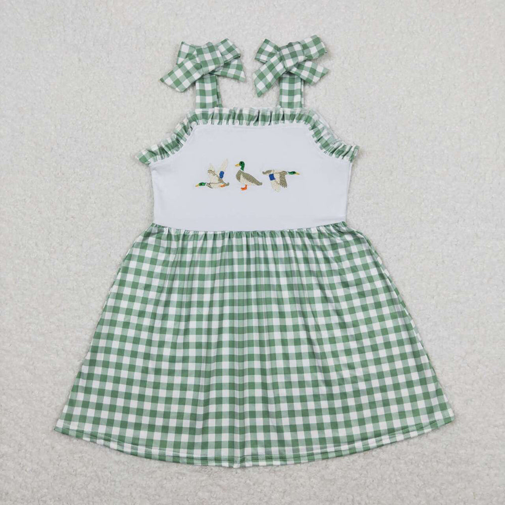 Baby Boy Girl Sibling Embroidery Ducks Green Checkered Romper Dress Set