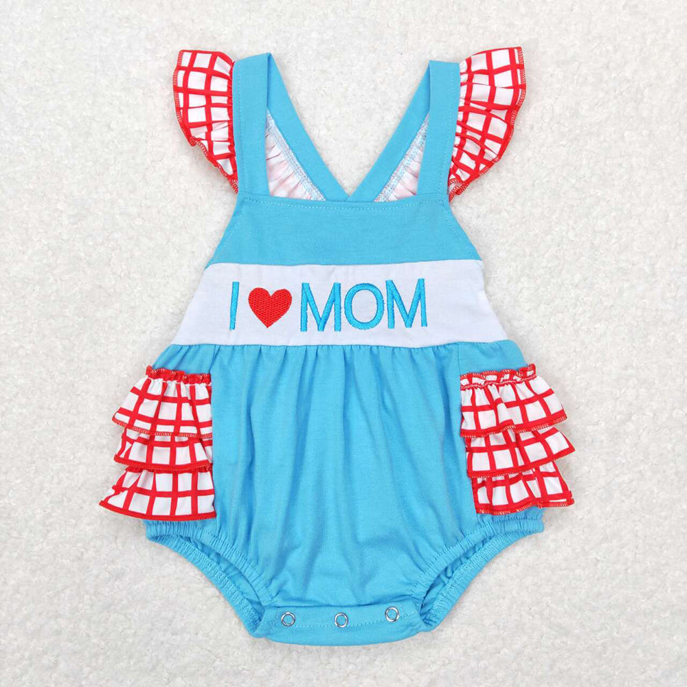 Baby Girl Embroidery I Love Mom Blue Sibling Dress Romper