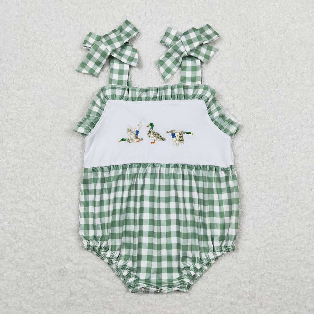 Baby Boy Girl Sibling Embroidery Ducks Green Checkered Romper Dress Set