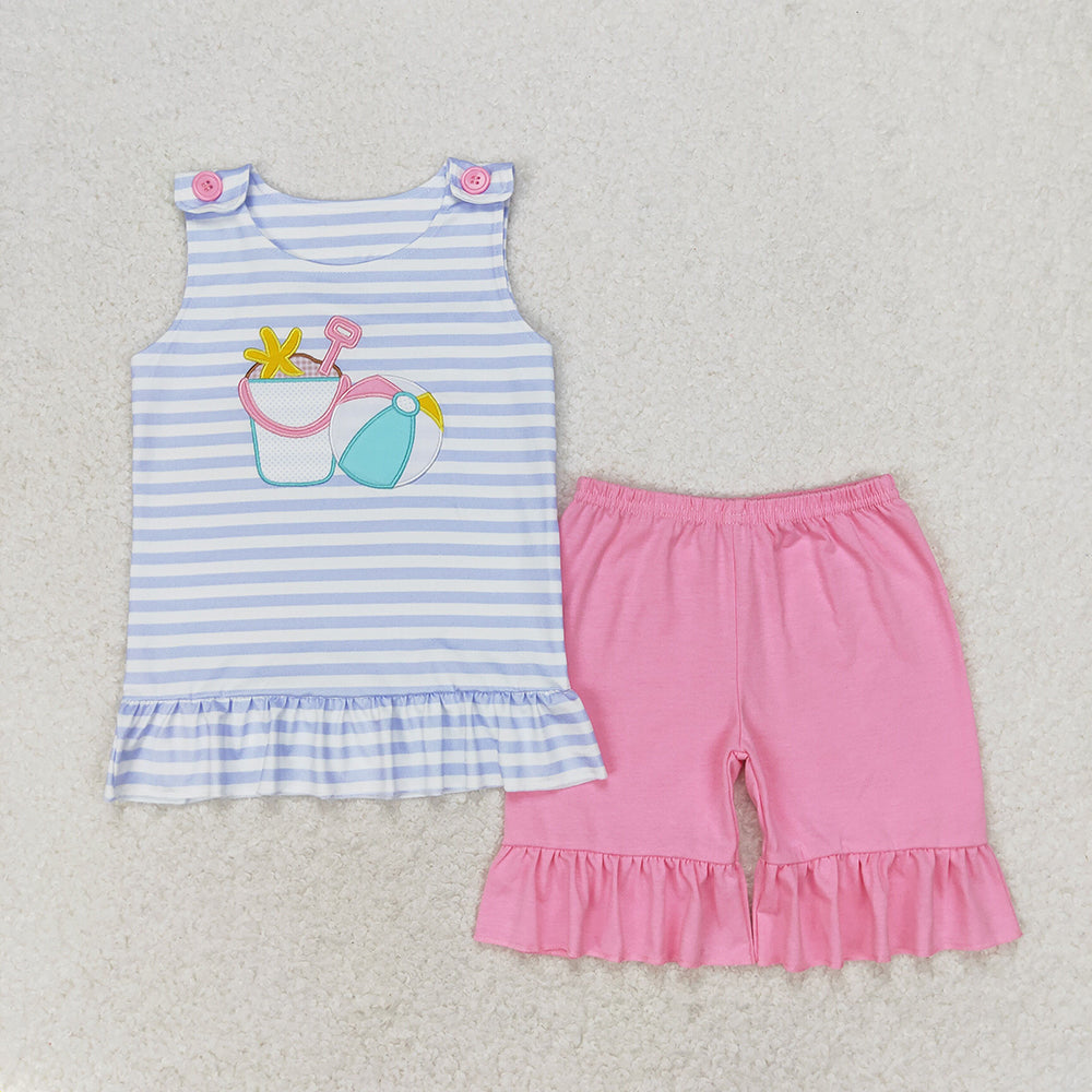 Baby Girl Sleeveless Embroidery Sand Ball Summer Tops Pink Ruffle Shorts Set