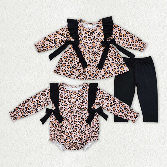 Baby Girl Long Sleeves Leopard Bows Sibling Romper Clothes Set