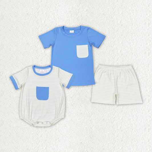 Baby Boy Short Sleeves Pocket Sibling Brother Stripes Romper Set