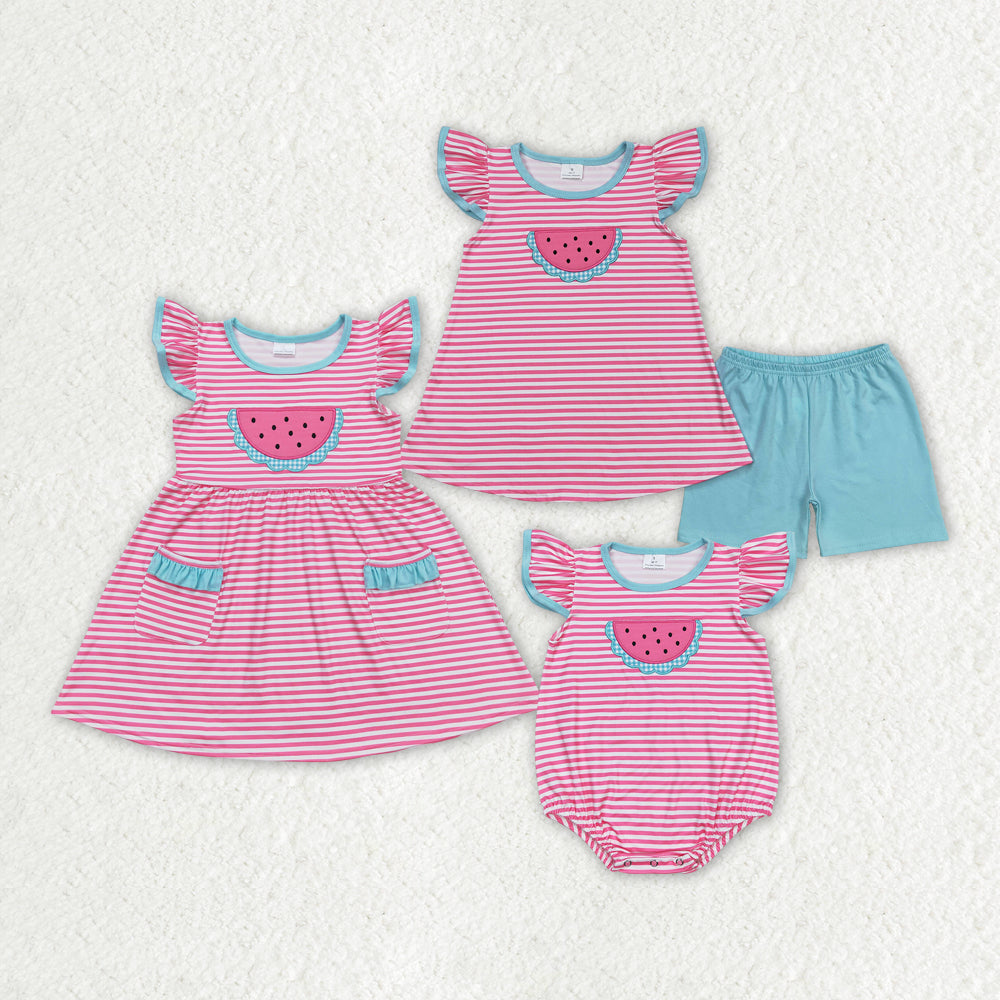 Baby Girl Pink Stripes Embroidery Watermelon Summer Sibling Sister Clothes Sets