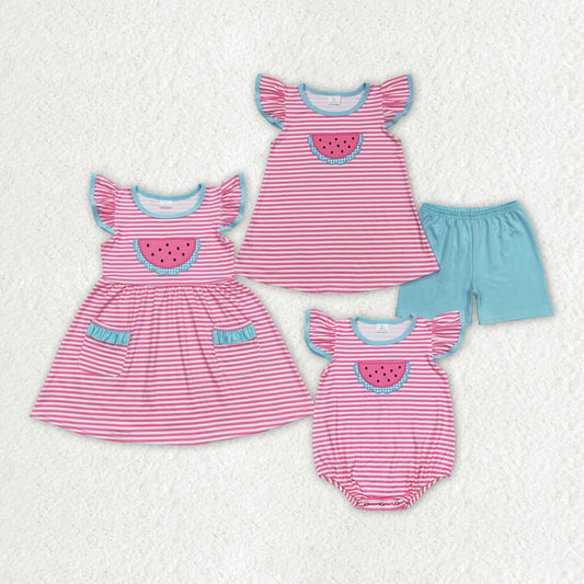 Baby Girl Pink Stripes Embroidery Watermelon Summer Sibling Sister Clothes Sets