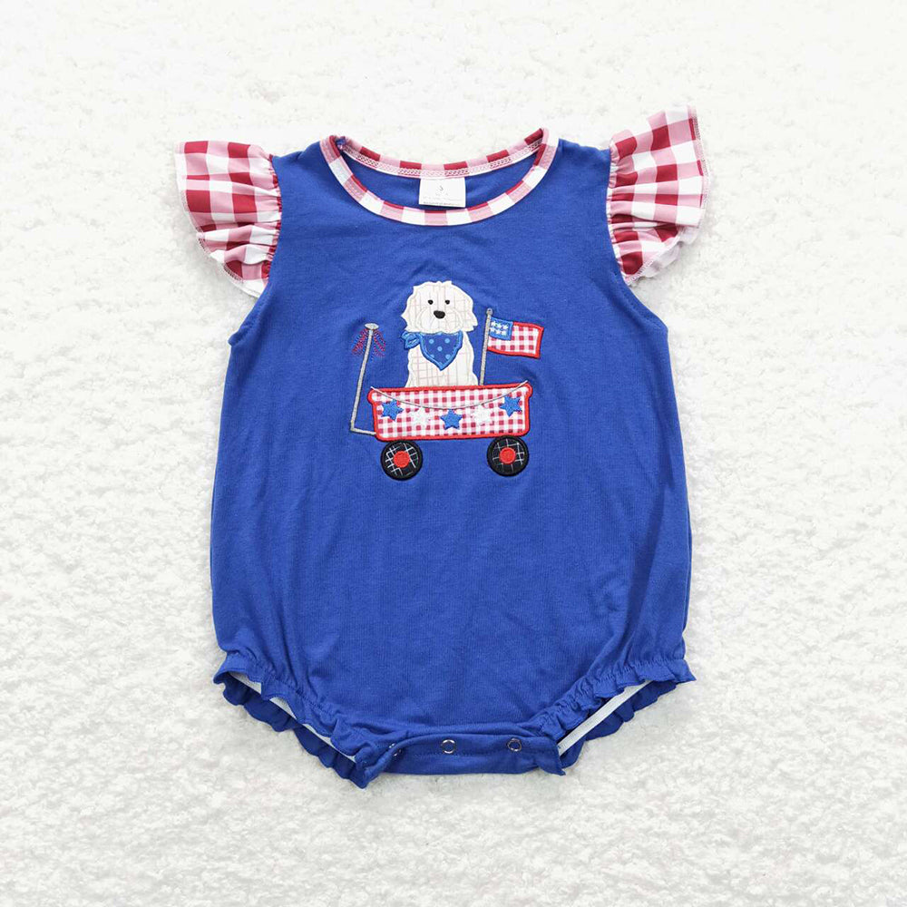 Baby Boy Girl July 4th Embroidery Dog Flag Sister Brother Romper Blue Set