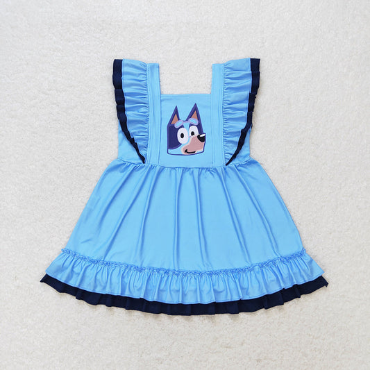 Baby Girl Short Sleeves Dogs Blue Dress