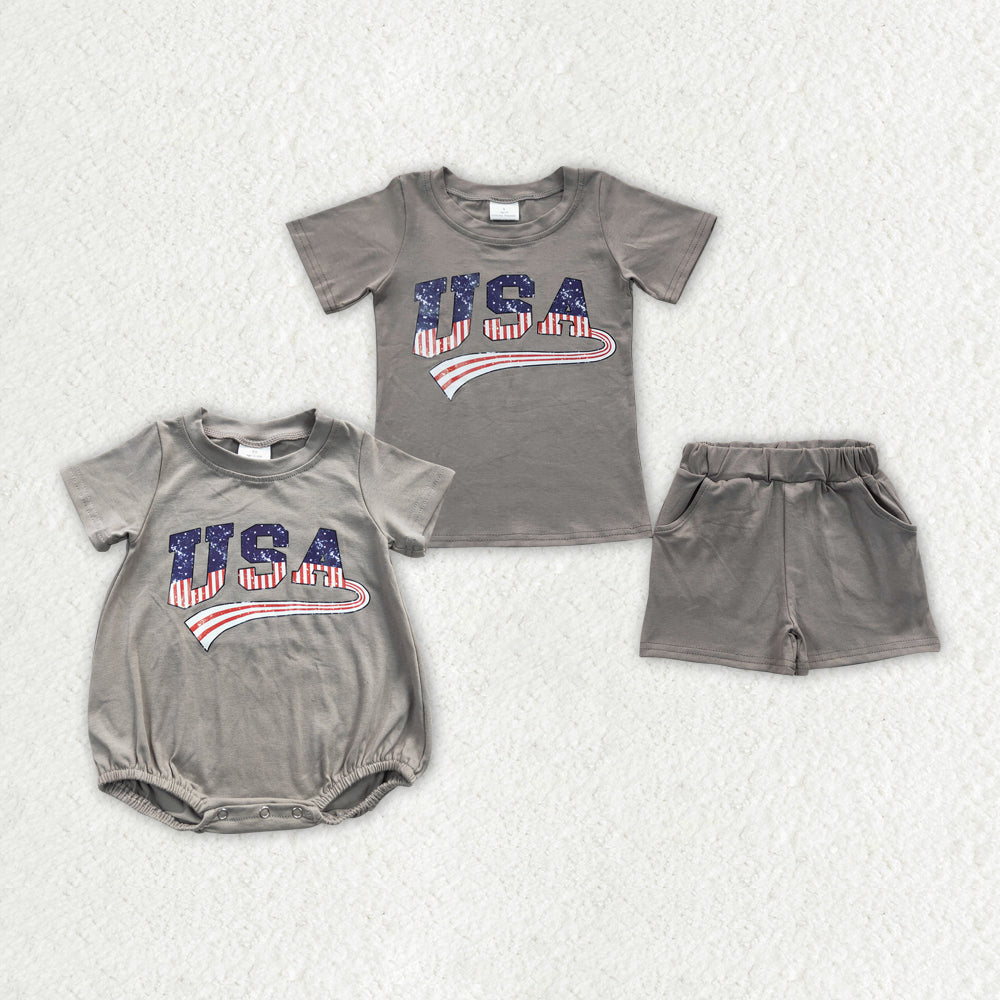 Baby Boy USA July 4th Grey Sibling Romper Shorts Set