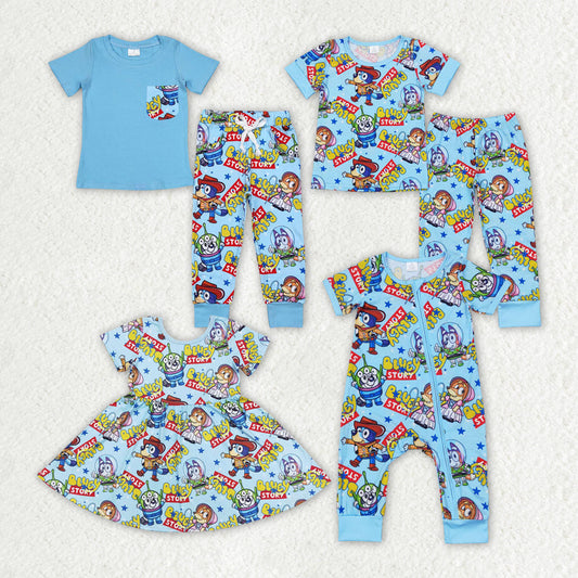 Baby Boy Girl Dogs Blue Sibling Summer Dress Romper Set