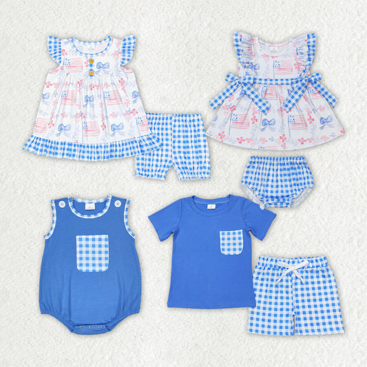 Baby Boy Girl July 4th Sibling Bows Romper Set