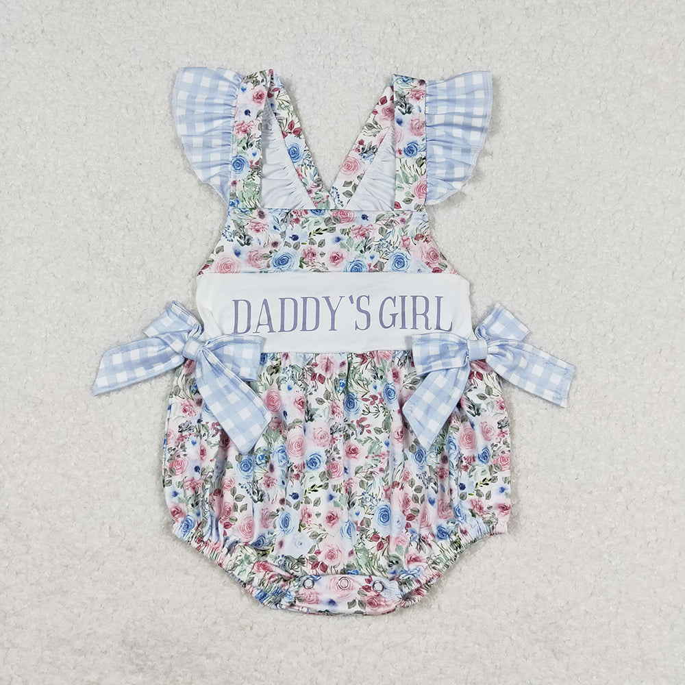 Baby Girls Blue Floral Daddy's Girl Bows Rompers