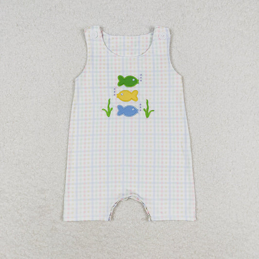 Baby Infant Boys Embroidery Fish Plaid Romper