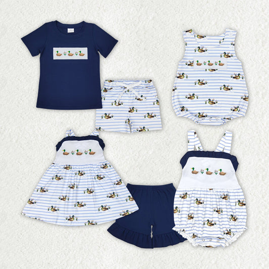 Baby Boy Girl Embroidery Ducks Sibling Romper Set