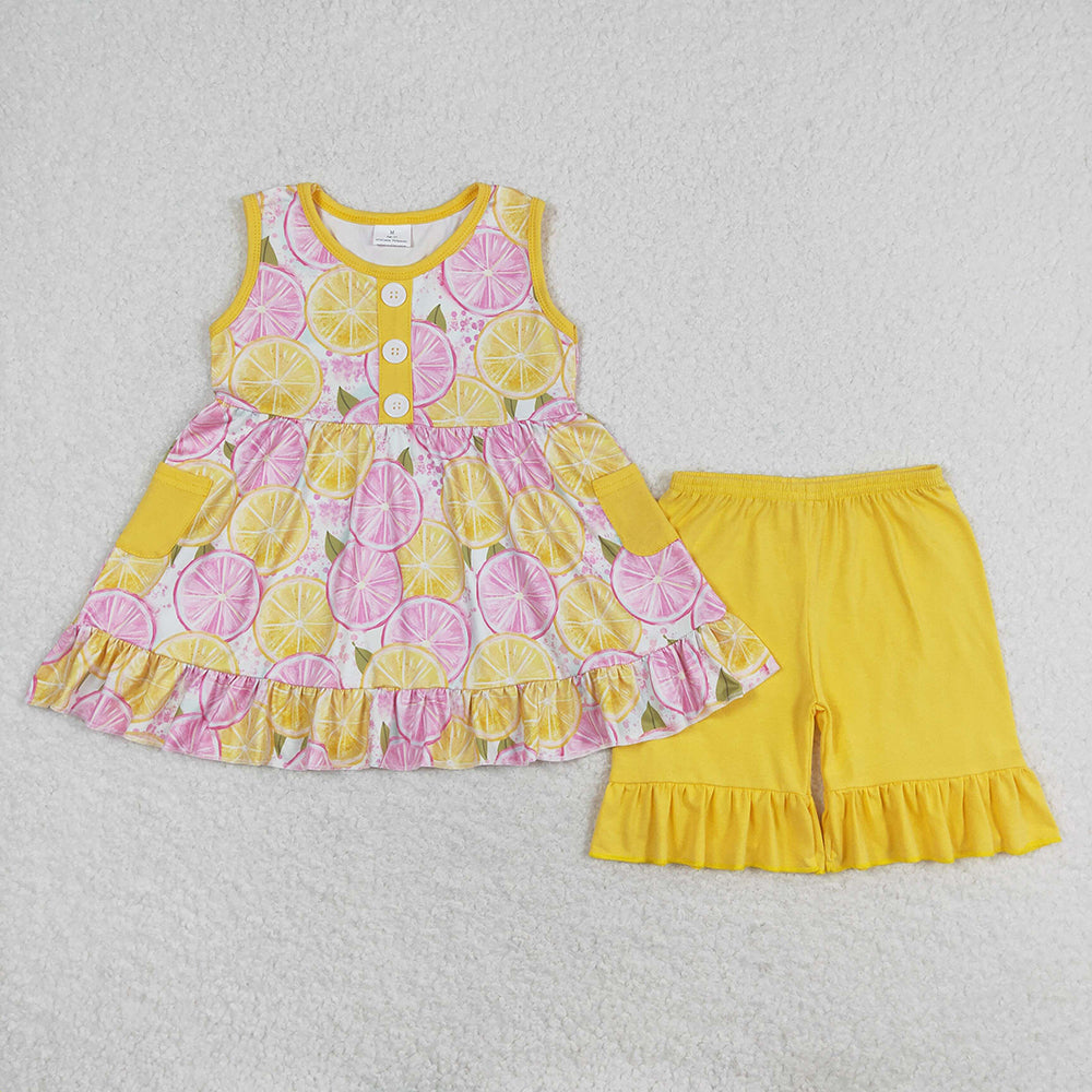 Baby Girls Lemon Pockets Tunic Ruffle Shorts Clothes Sets