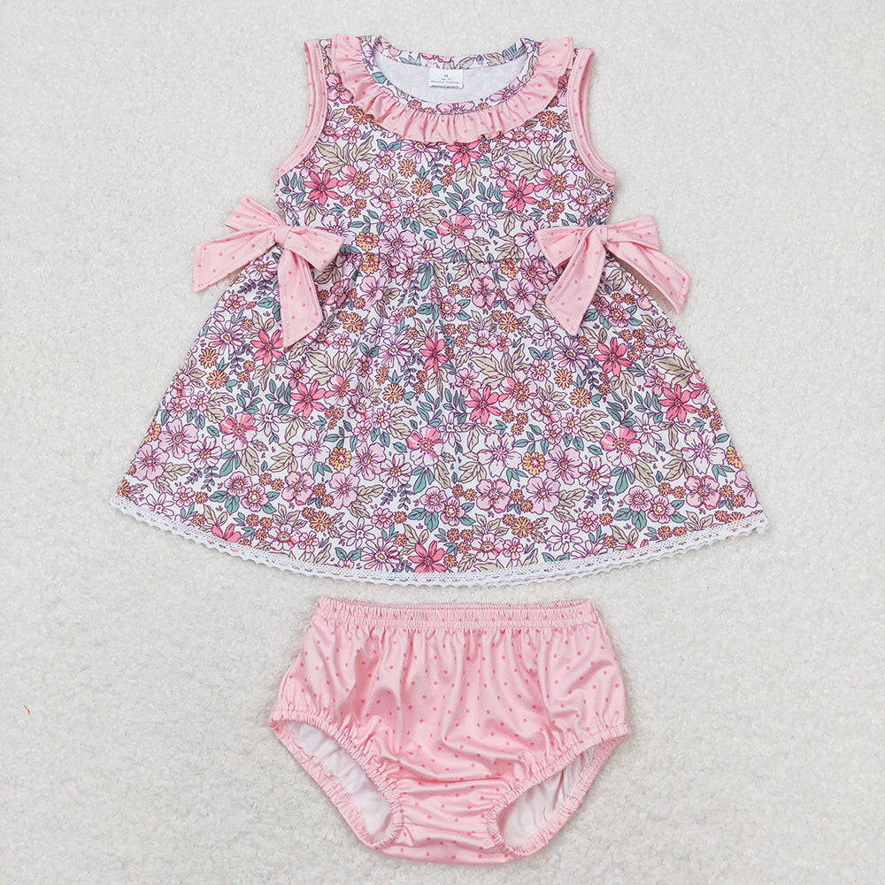 Baby Girl Sleeveless Pink Flower Bows Sibling Sister Set