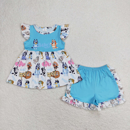 Baby Girl Short Sleeves Dogs Sibling Sister Ruffle Shorts Set