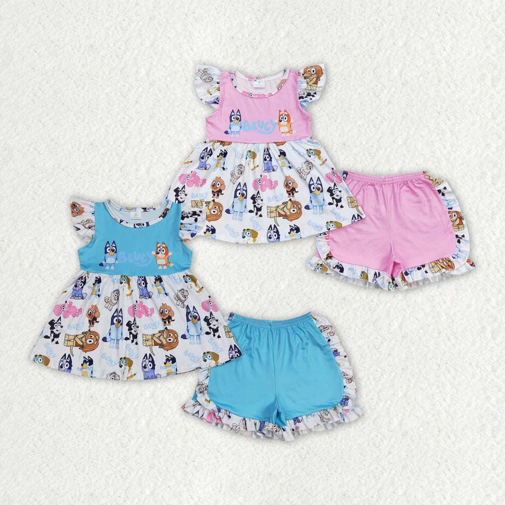 Baby Girl Short Sleeves Dogs Sibling Sister Ruffle Shorts Set