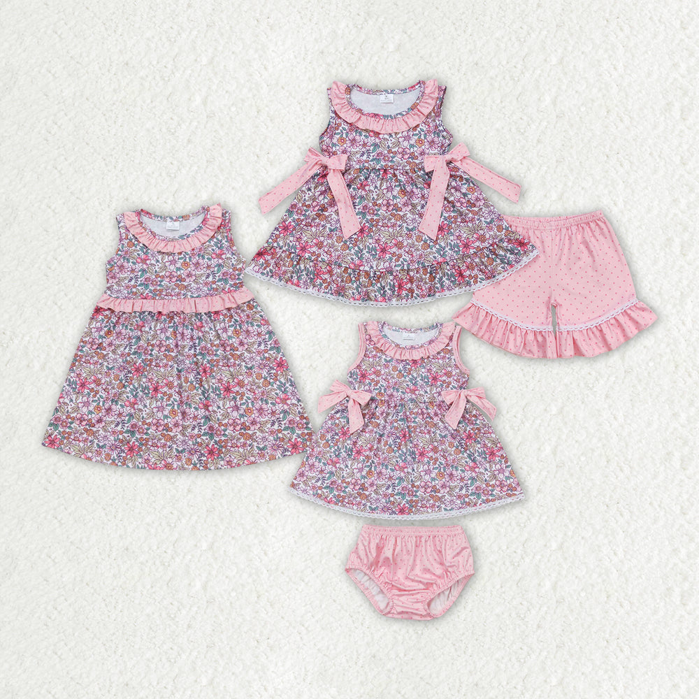 Baby Girl Sleeveless Pink Flower Bows Sibling Sister Set