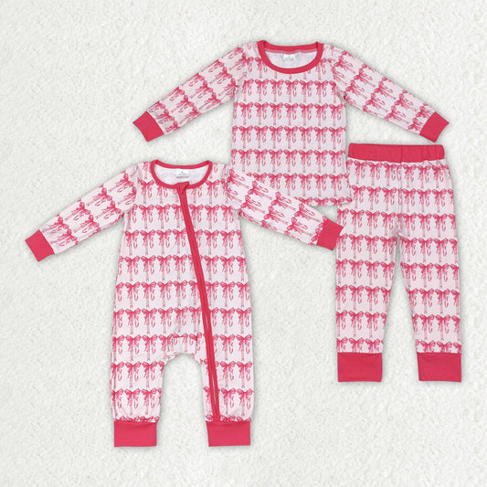 Baby Girl Pink Bows Sibling Sister Christmas Pajamas Romper Set