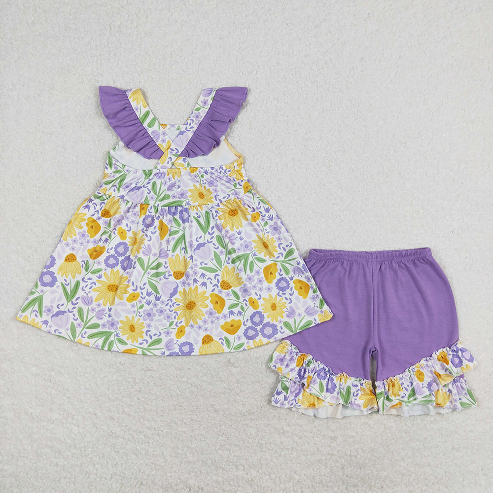 Baby Girl Flower Tops Ruffle Purple Shorts Clothes Set