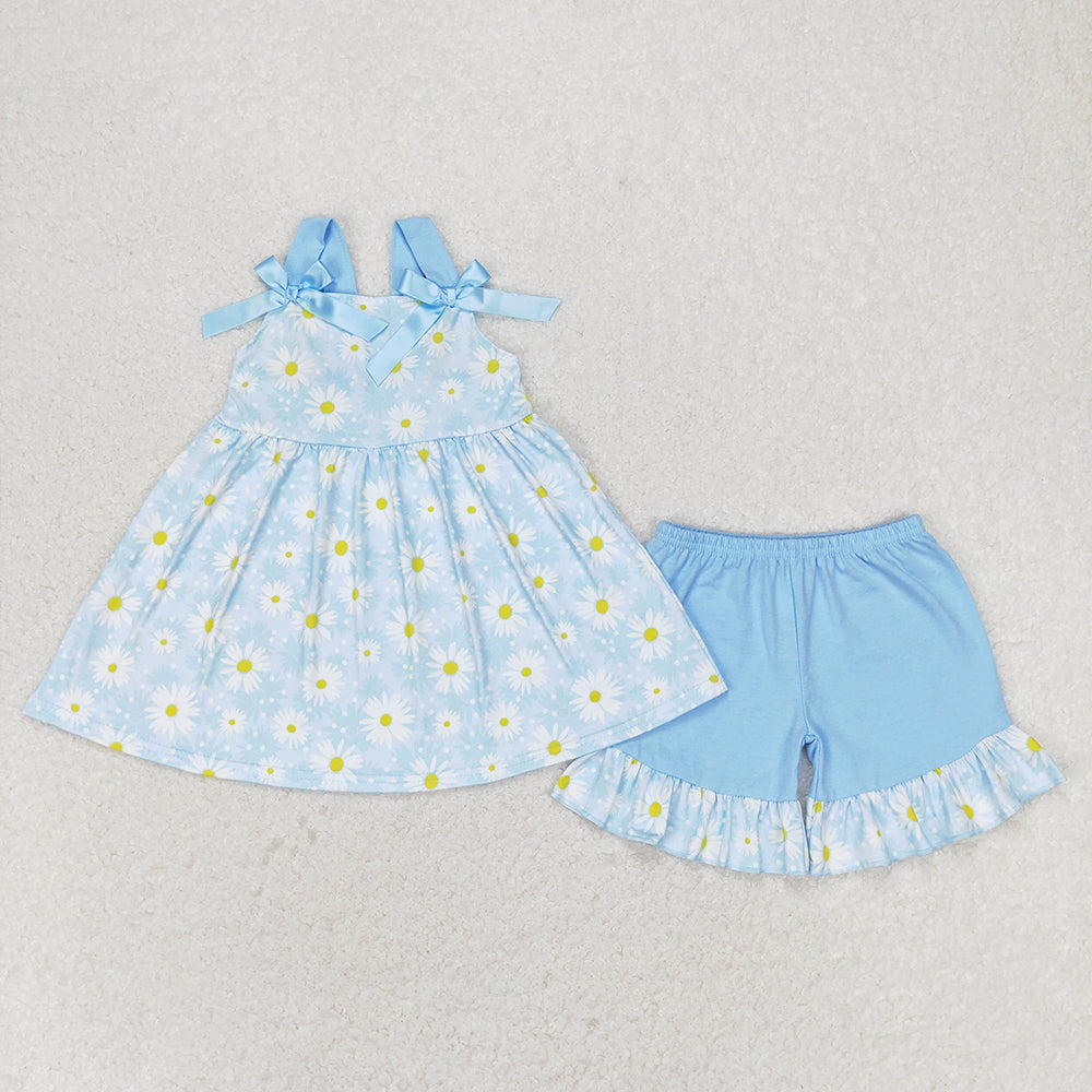 Baby Girl Sleeveless Flower Summer Sibling Dress Blue Set